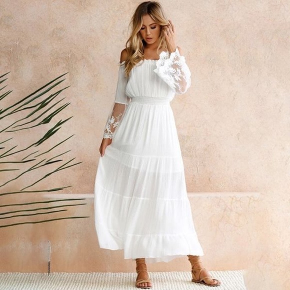 IN STOCK Off shoulder lace sleeve Maxi Dress - Picture 5 of 9